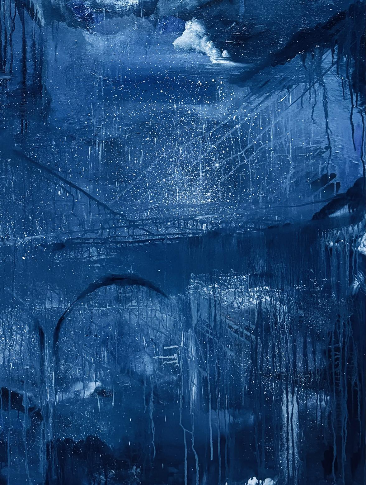 Abstract blue-toned oil painting of Future city by Victoria Kagalovska