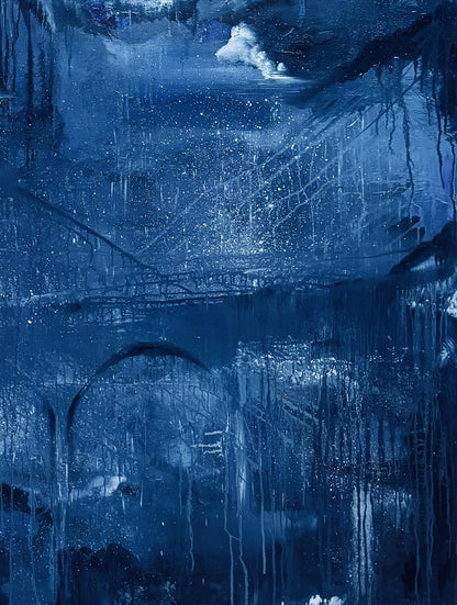 Abstract blue-toned oil painting of Future city by Victoria Kagalovska