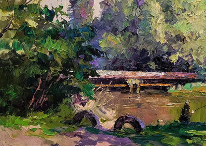 Oil painting Alone with the River by Boris Serdyuk: rustic bridge over calm river