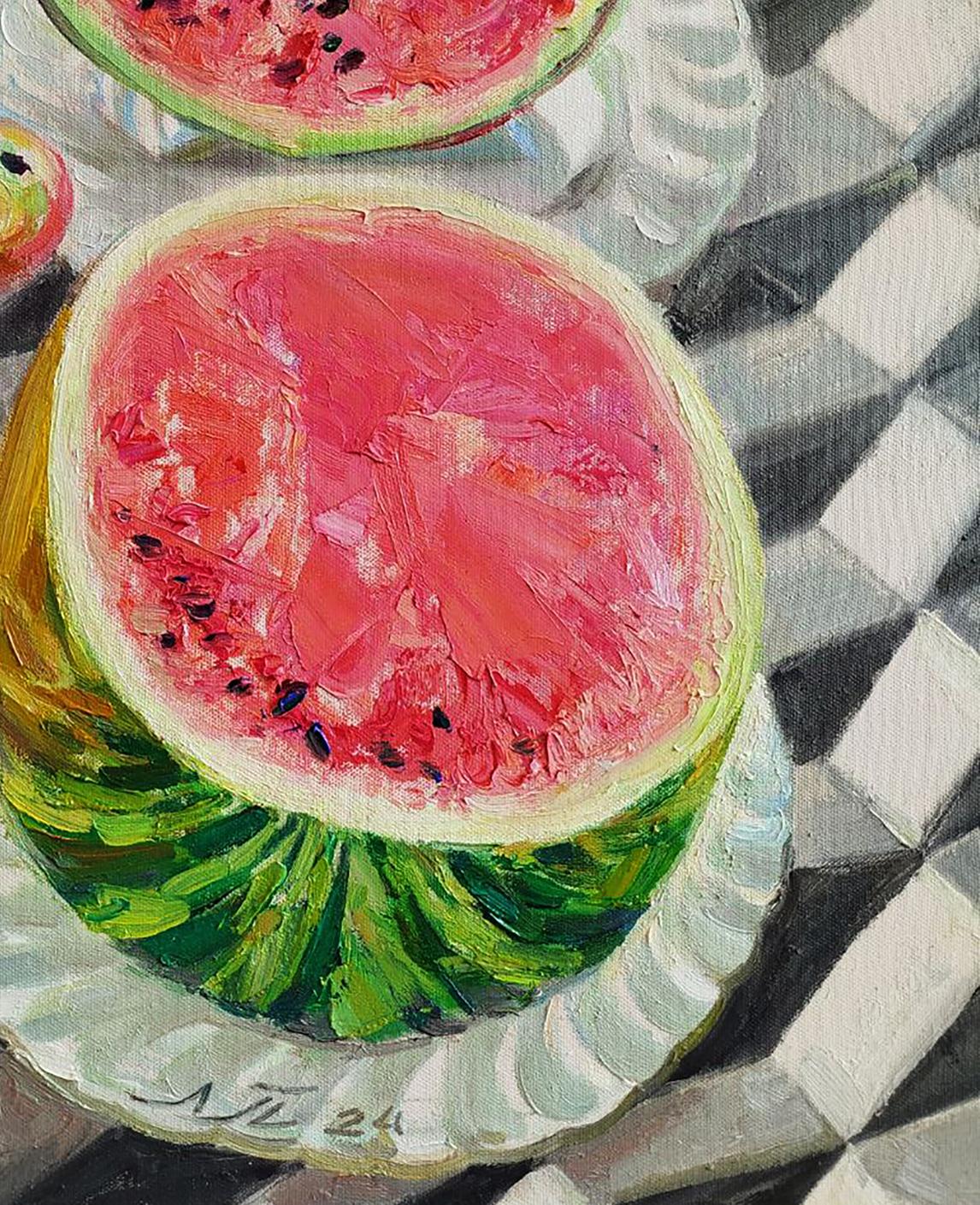 Oil painting of vibrant watermelon slice with apple by Leonid Pavlenko