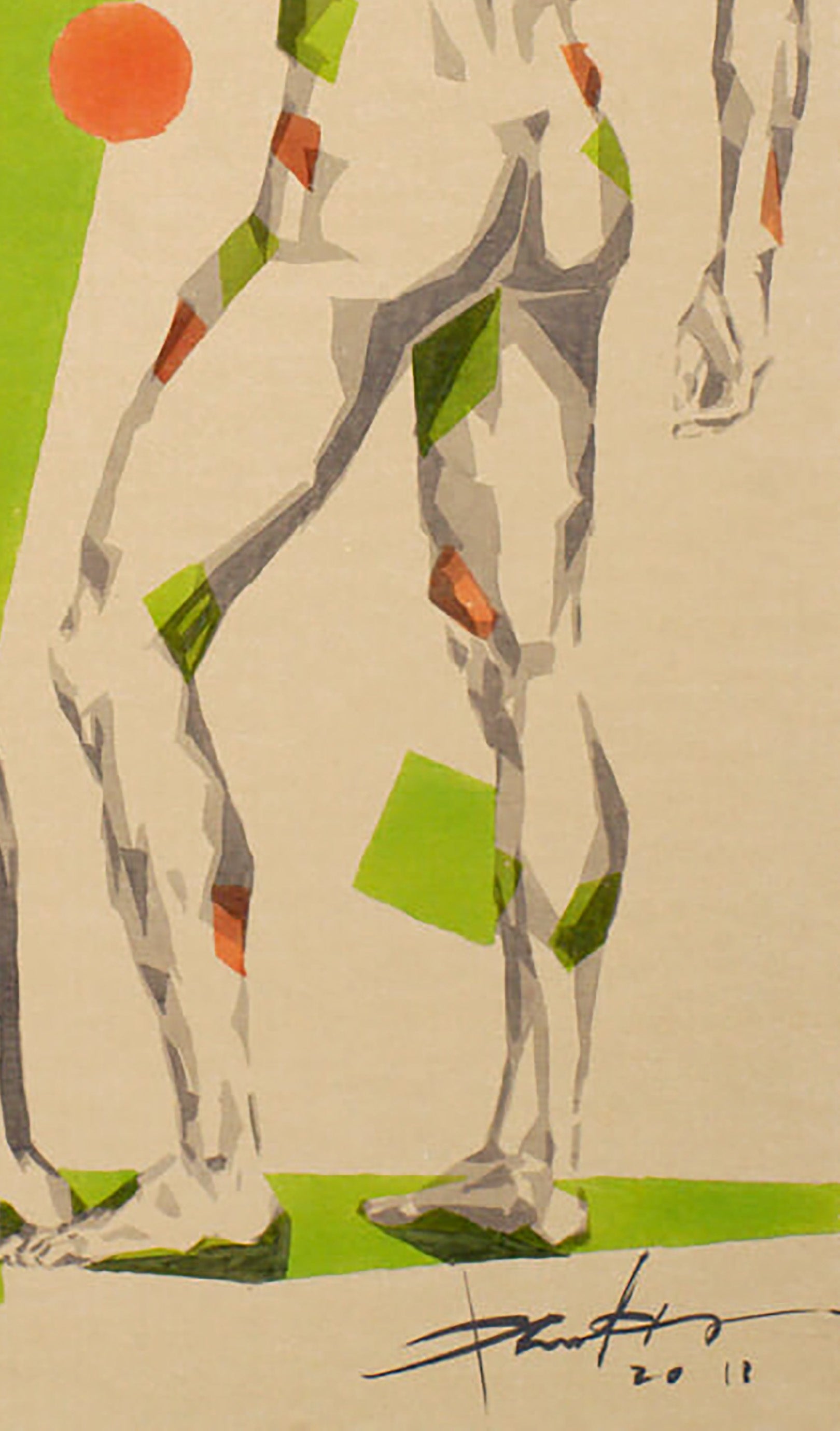 Abstract gray legs with green orange patches by Dima Filatov acrylic painting