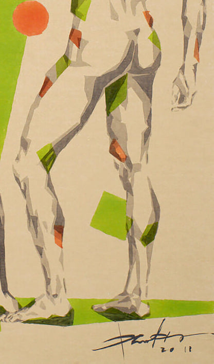 Abstract gray legs with green orange patches by Dima Filatov acrylic painting