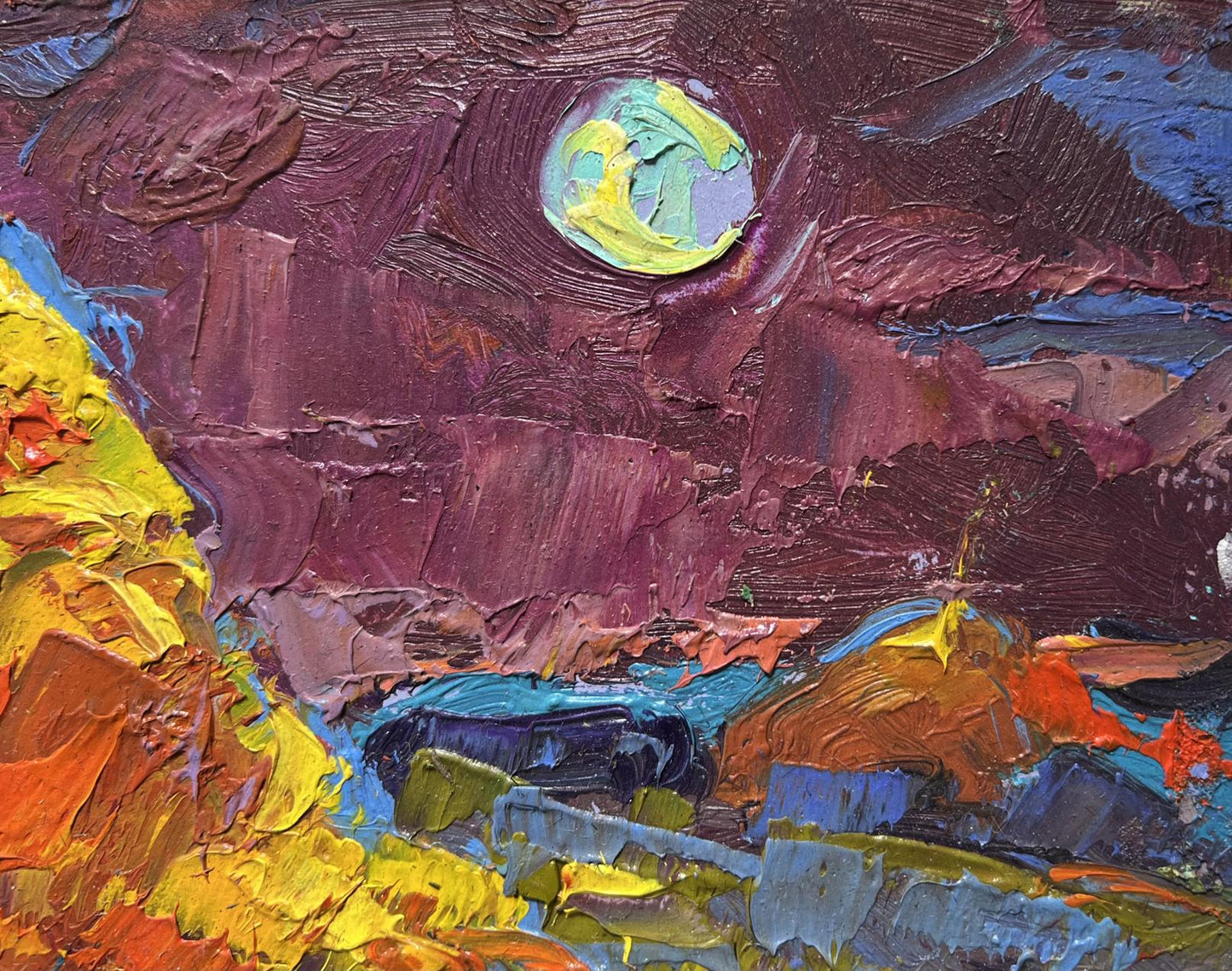 Oil painting Moonlit night in the field by Oleksiy Ivanyuk, glowing moon