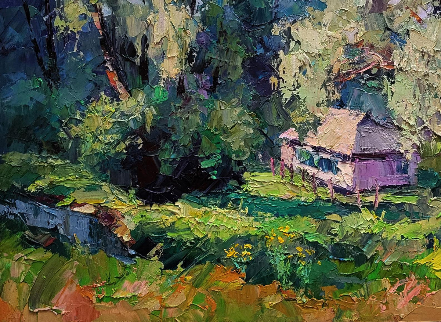 Oil painting of Boris Serdyuk rustic thatched cabin in lush greenery