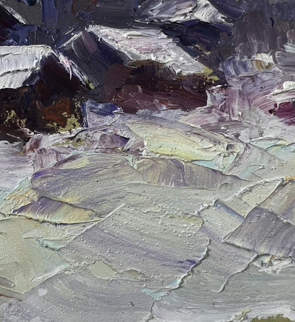 Oil painting Winter village by Boris Serdyuk with textured impasto