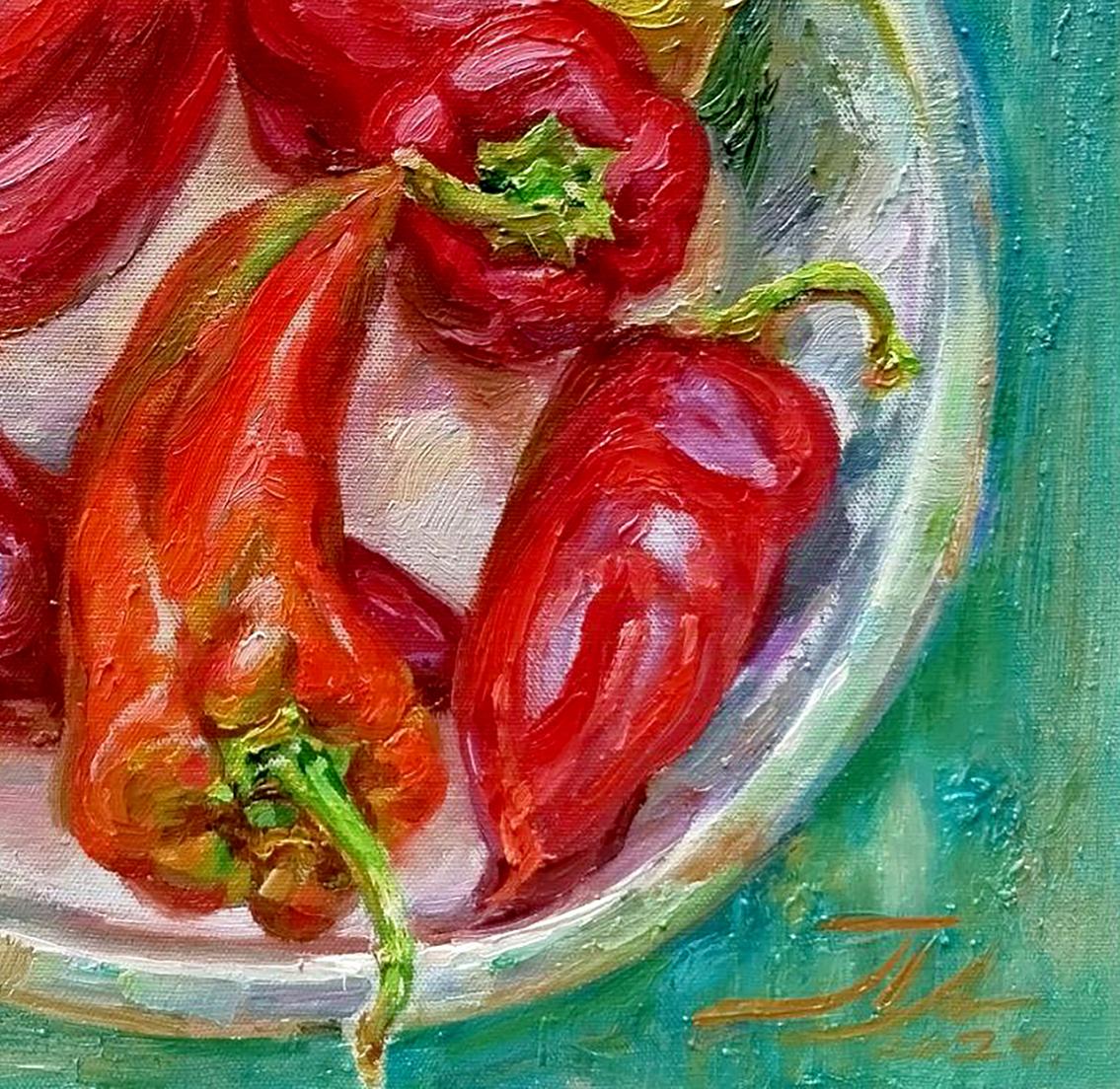 Oil painting of vibrant red peppers in white bowl by Leonid Pavlenko