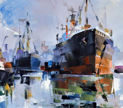 Bold abstract oil painting of cargo ship at old lighthouse by Volodymyr Gluhomanyuk