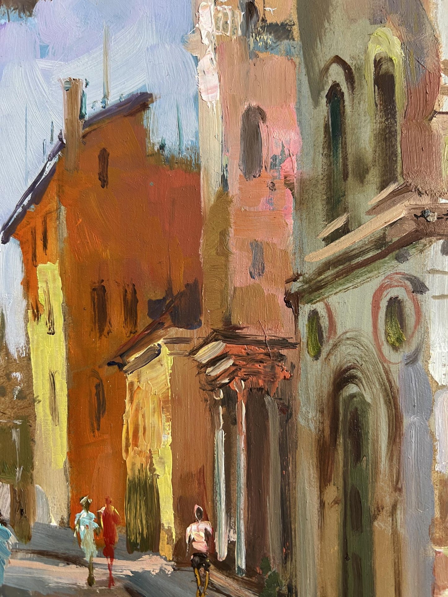 Oil painting of warm ochre terracotta street by Yuriy Suprunchuk