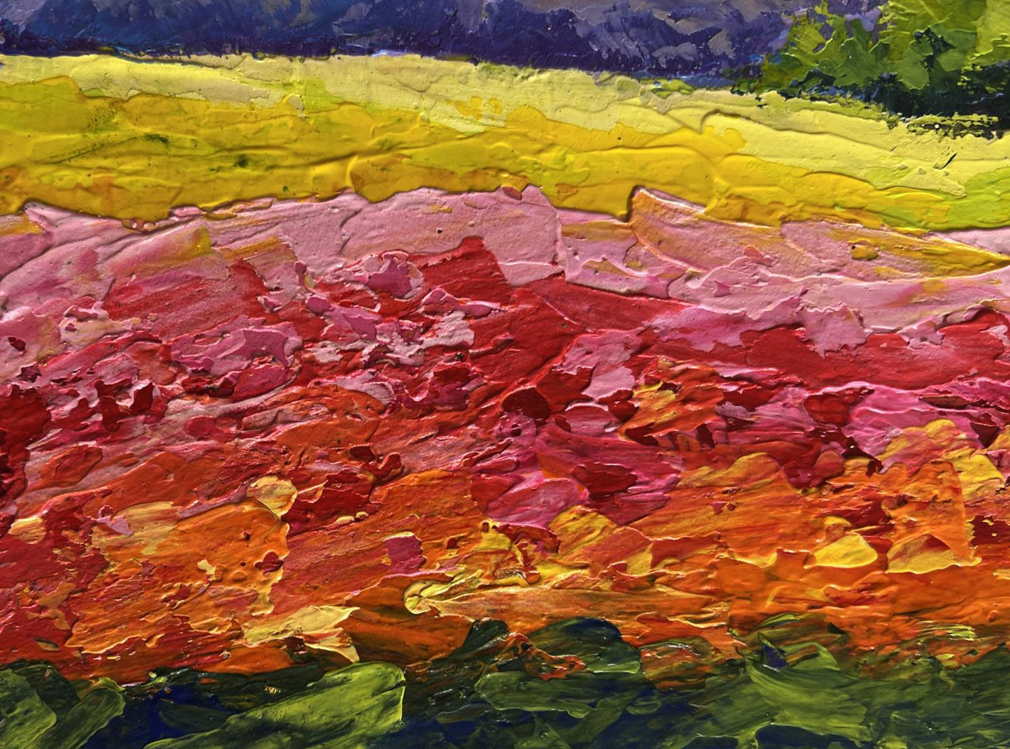 Vibrant impressionist oil painting of sunset among forest and fields by V. Zadorozhnya
