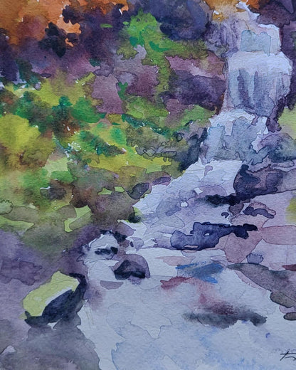 Abstract watercolor Whispering Stream by Boris Serdyuk in greens, purples, whites