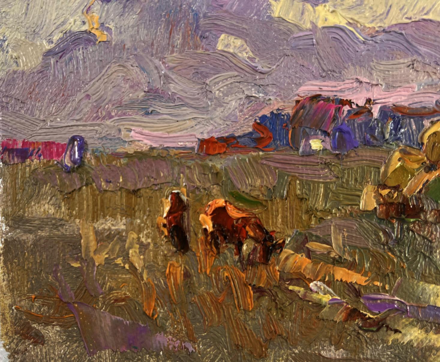 Oil painting Silence that envelops the world by Oksana Ivanyuk: cows grazing under swirling sky