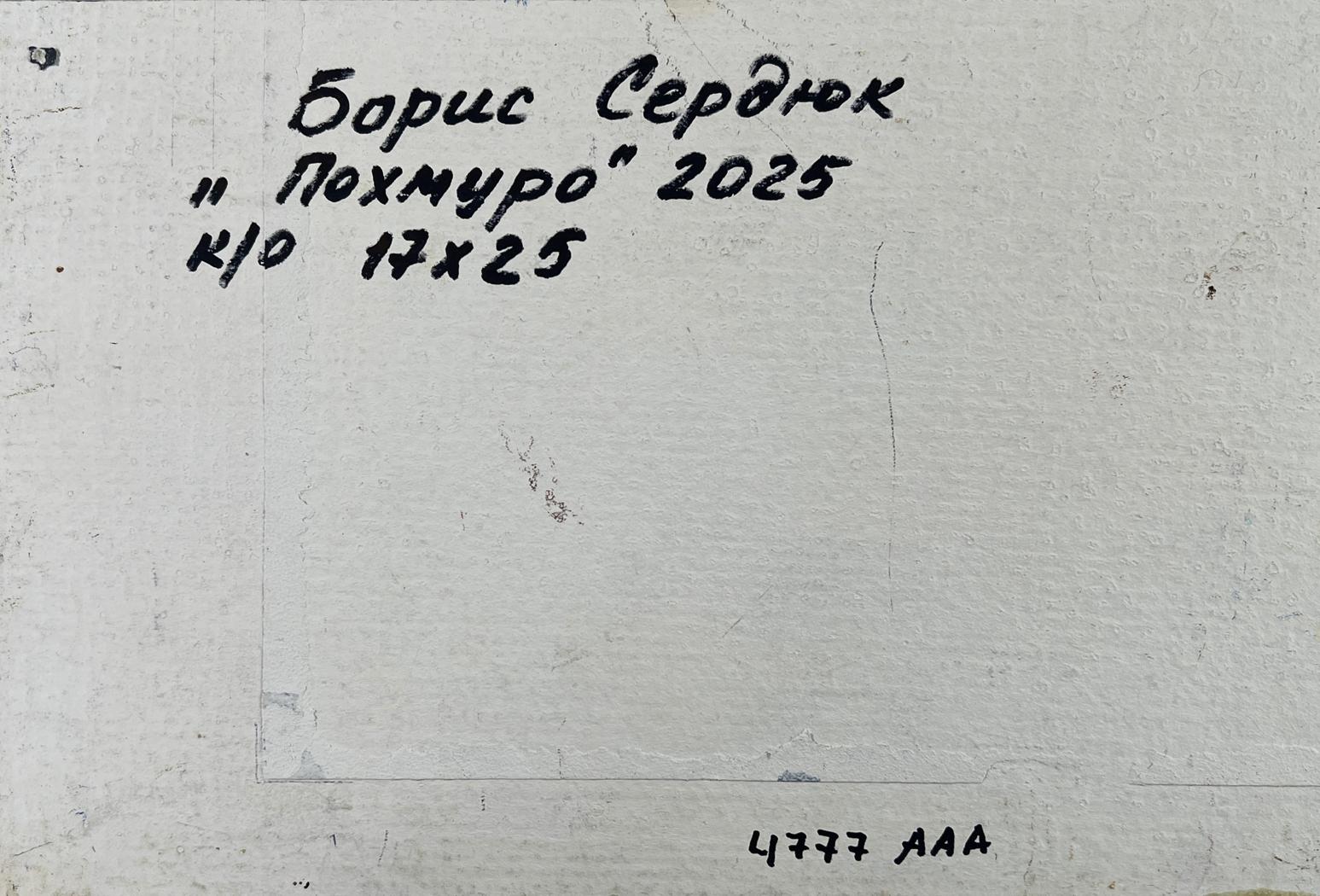 Back of Oil painting The gray day is silent Boris Serdyuk with handwritten black ink inscription on textured white surface