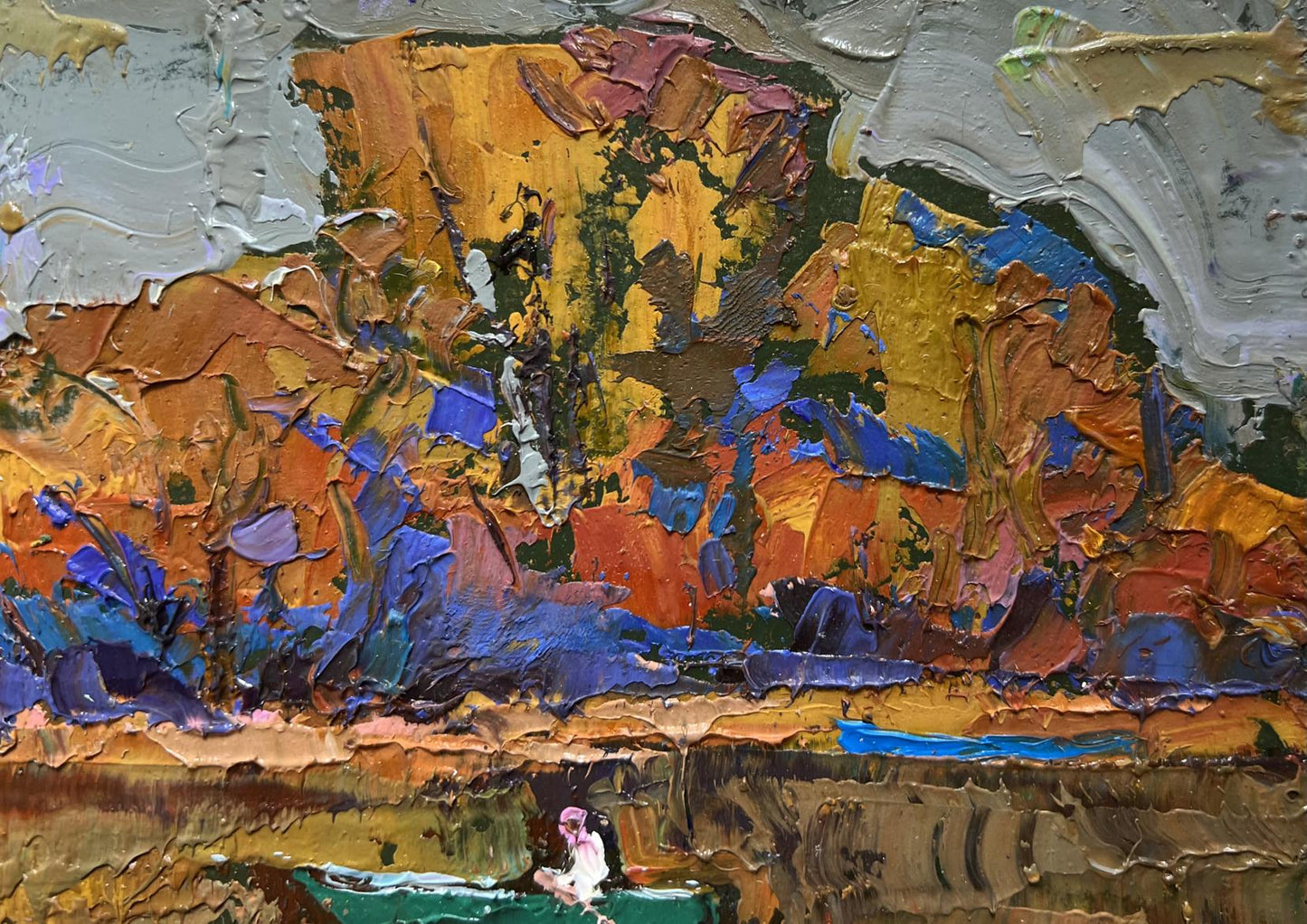 Oil painting Autumn evening silence by Oksana Ivanyuk with vibrant orange blue yellow strokes