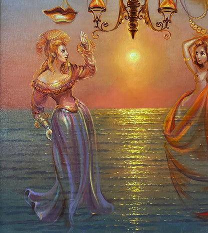 Oil painting Venetian Dream by Natalia Bulat: woman in lavender gown on water at sunset