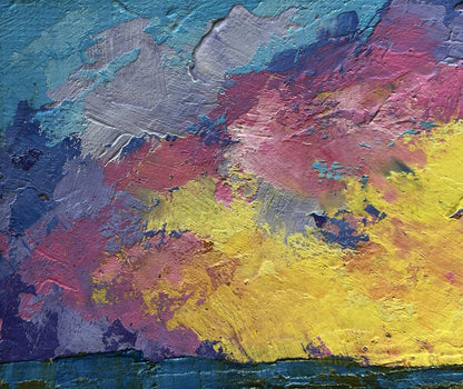 Vibrant oil painting Sunset after the rain by V. Zadorozhnya in teal, pink, yellow, purple