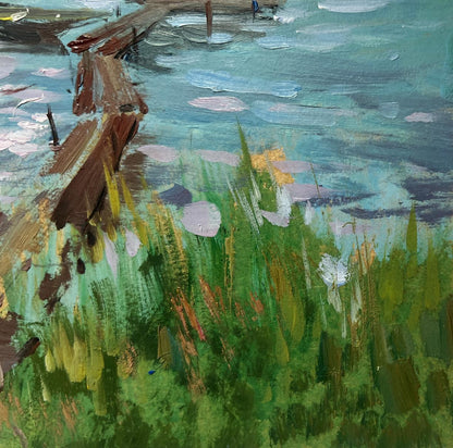 Oil painting River melancholy by Yuriy Suprunchuk: rustic dock in turquoise water