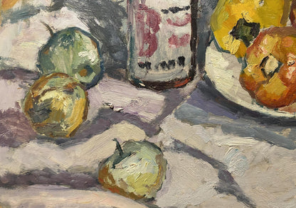 Oil painting Morning Breakfast by Stanislav Petrashevsky: three greenish-yellow apples