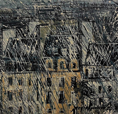Abstract expressionist oil painting of Parisian rooftops by Serhiy Kovalev