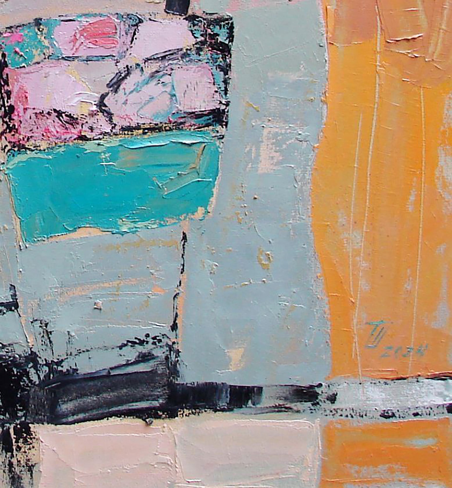 Abstract It’s Just a Game oil painting by Tatyana Shulyak in teal orange pink gray blocks