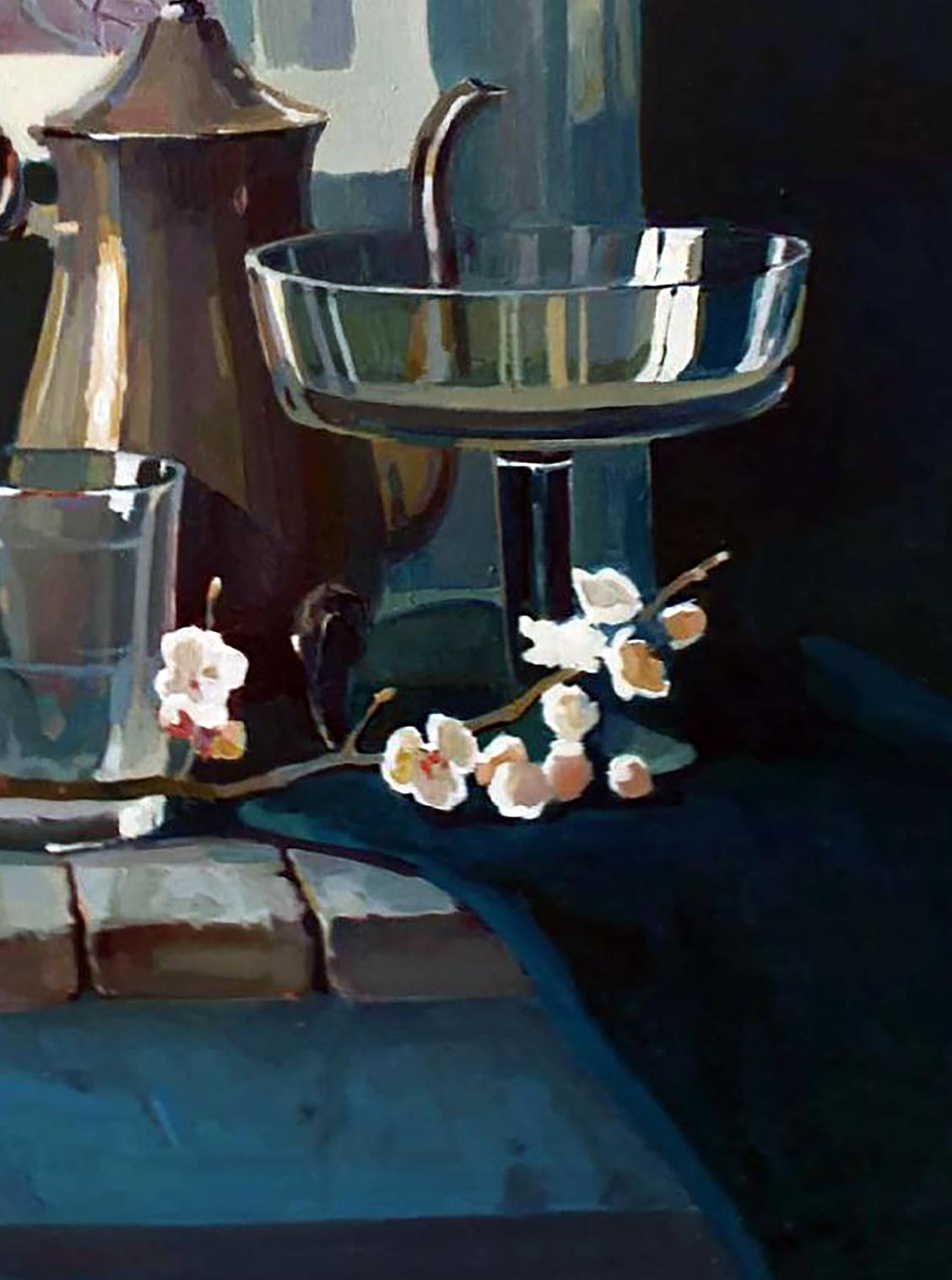 Reflective silver pedestal bowl in Anastasia Yaroshevich oil painting