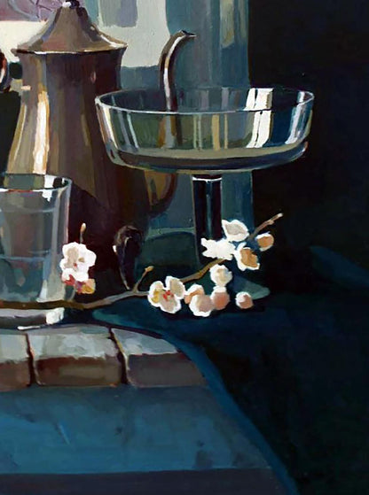 Reflective silver pedestal bowl in Anastasia Yaroshevich oil painting