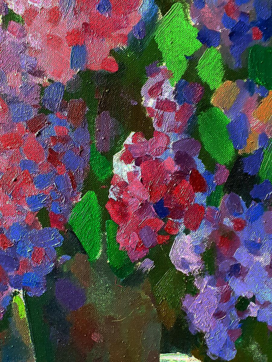 Vibrant purple and pink lilac hydrangea blooms oil painting by Pavel Dobrev
