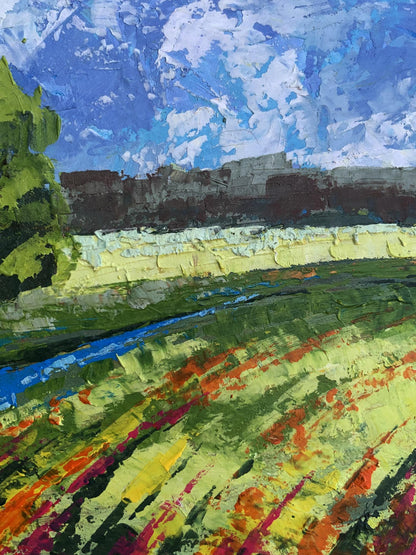 Vibrant impressionist oil painting by V. Zadorozhnya: green fields under blue skies