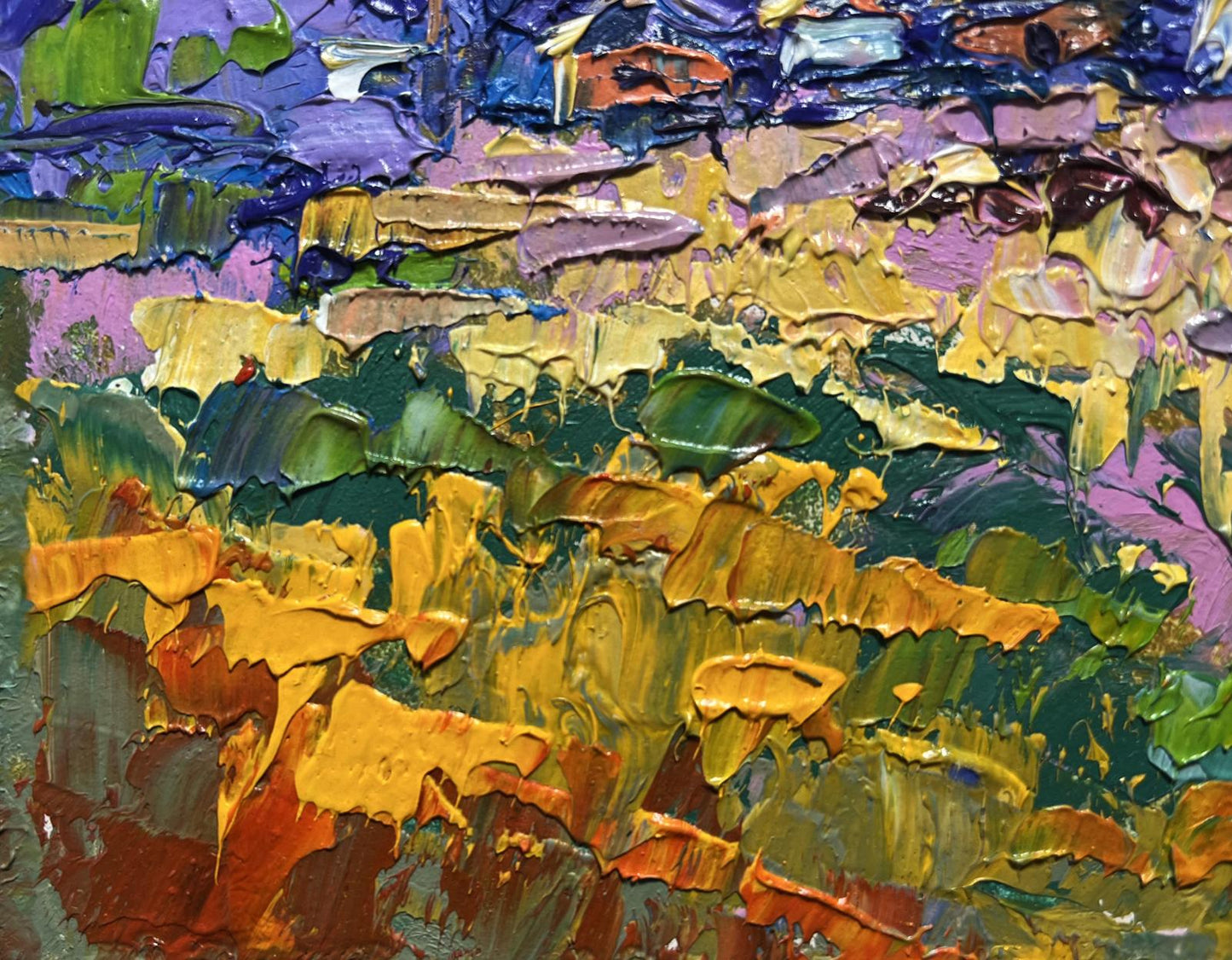Vibrant Oleksiy Ivanyuk oil painting of village in tree shade