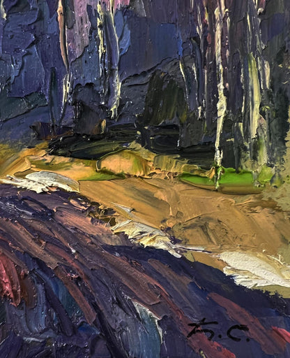 Oil painting The road to the forest by Boris Serdyuk, textured impasto forest scene