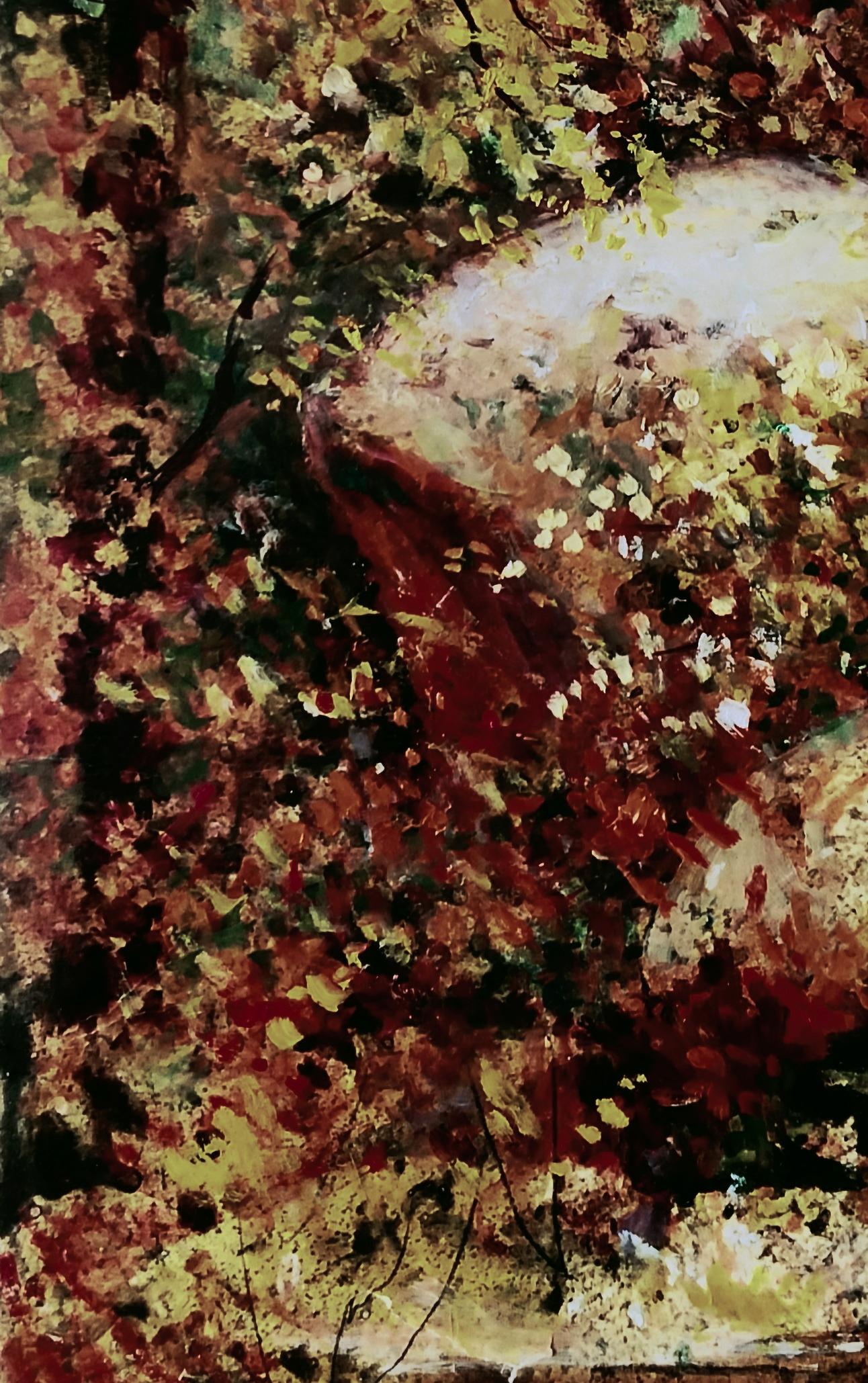 Oil painting of autumn forest face in vibrant leaves by Vitaly Duhnevich