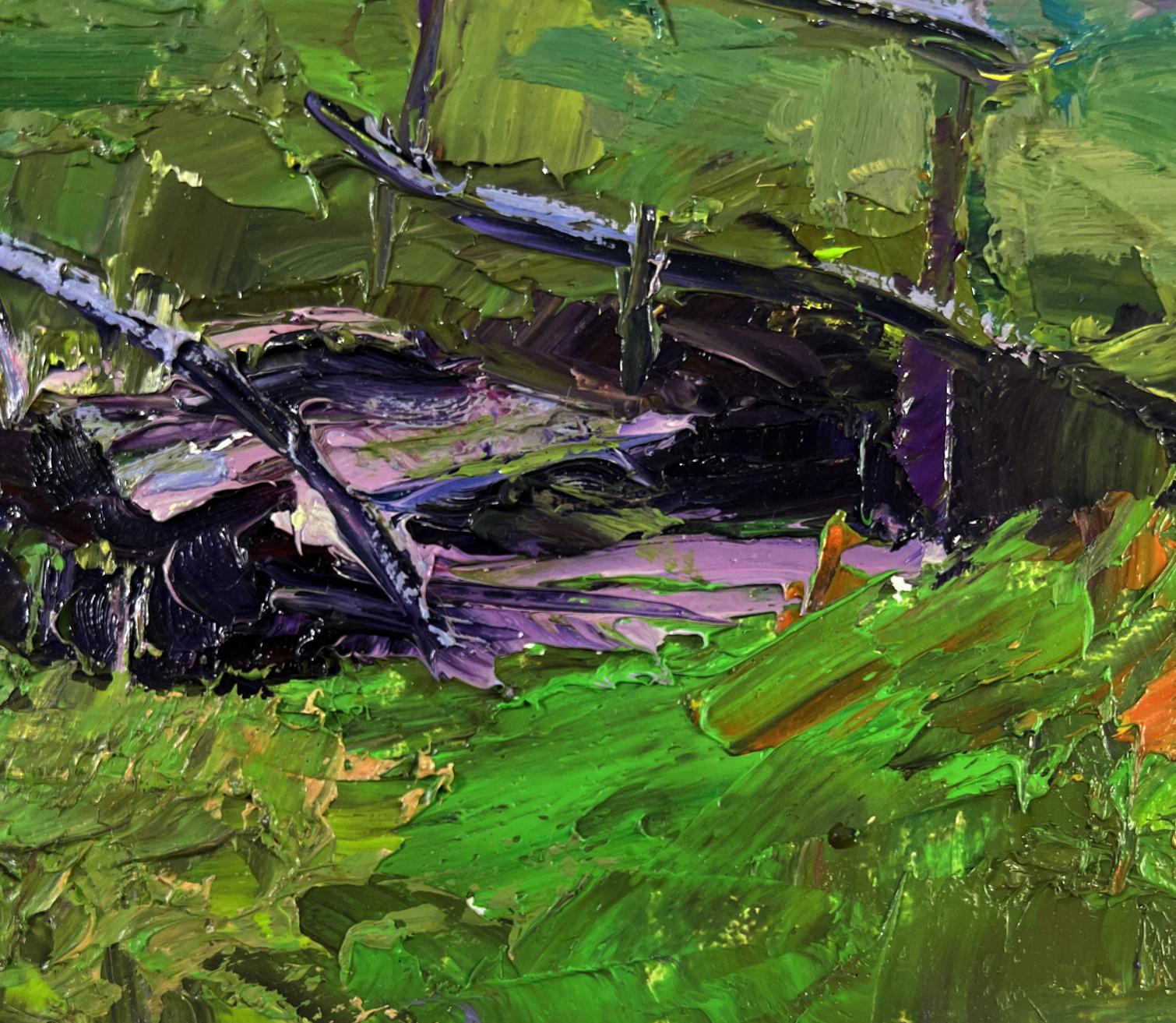 Vibrant green purple abstract oil painting of old pedestrian bridge by Boris Serdyuk