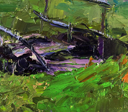 Vibrant green purple abstract oil painting of old pedestrian bridge by Boris Serdyuk