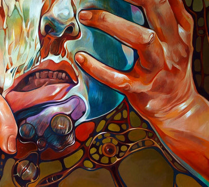 Surreal oil painting by Konsta G. Amelinn: hand touches melting otherworldly face