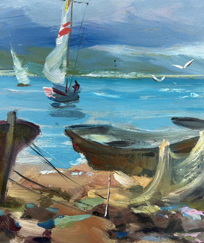 Impressionistic oil painting of sailboat with white sail, sea waves by Yuriy Suprunchuk