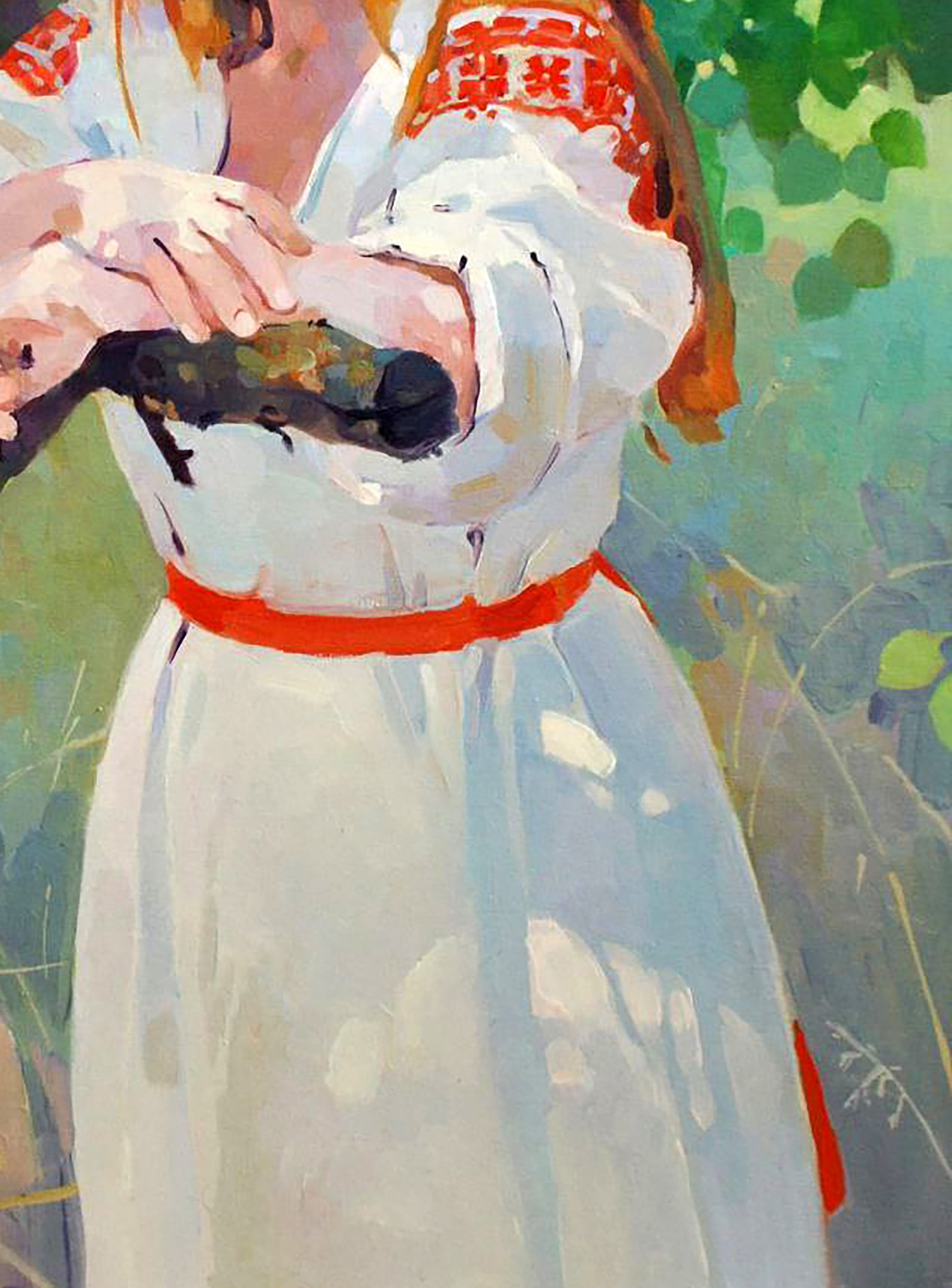 Woman in white dress with red embroidery holds dark textured object, Anastasia Yaroshevich oil painting