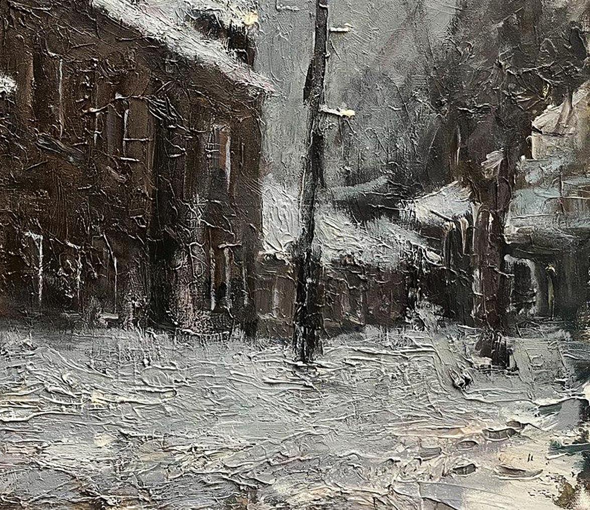 Textured impasto oil painting of snowy street by Volodymyr Pashchenko, Resurrection Ascension