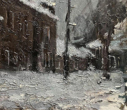 Textured impasto oil painting of snowy street by Volodymyr Pashchenko, Resurrection Ascension