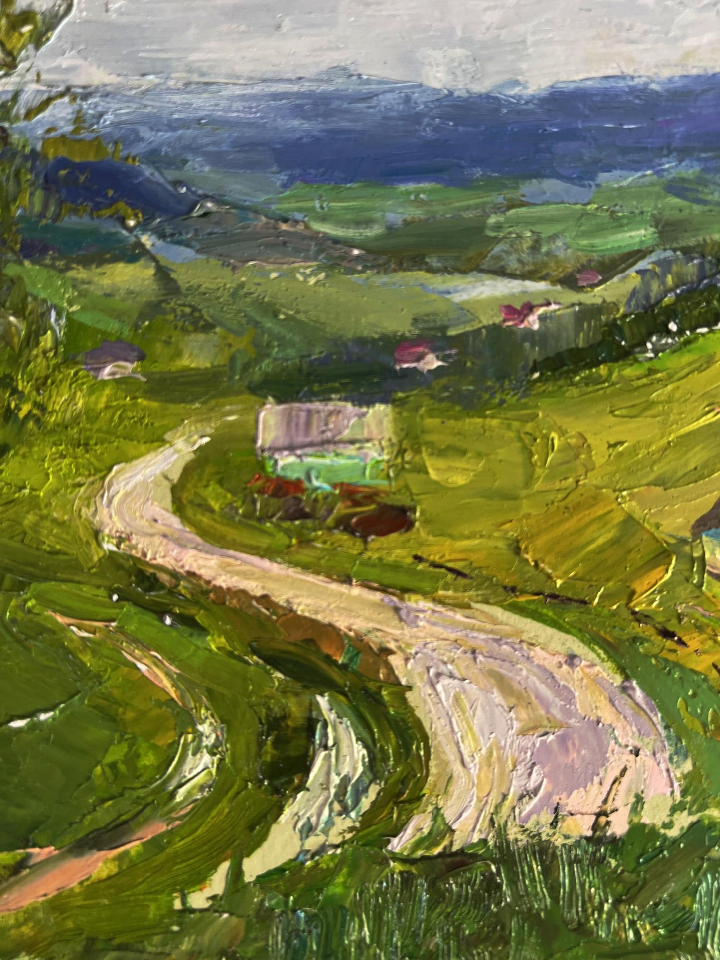 Oil painting by Boris Serdyuk: wavy road in mountains with lush hills