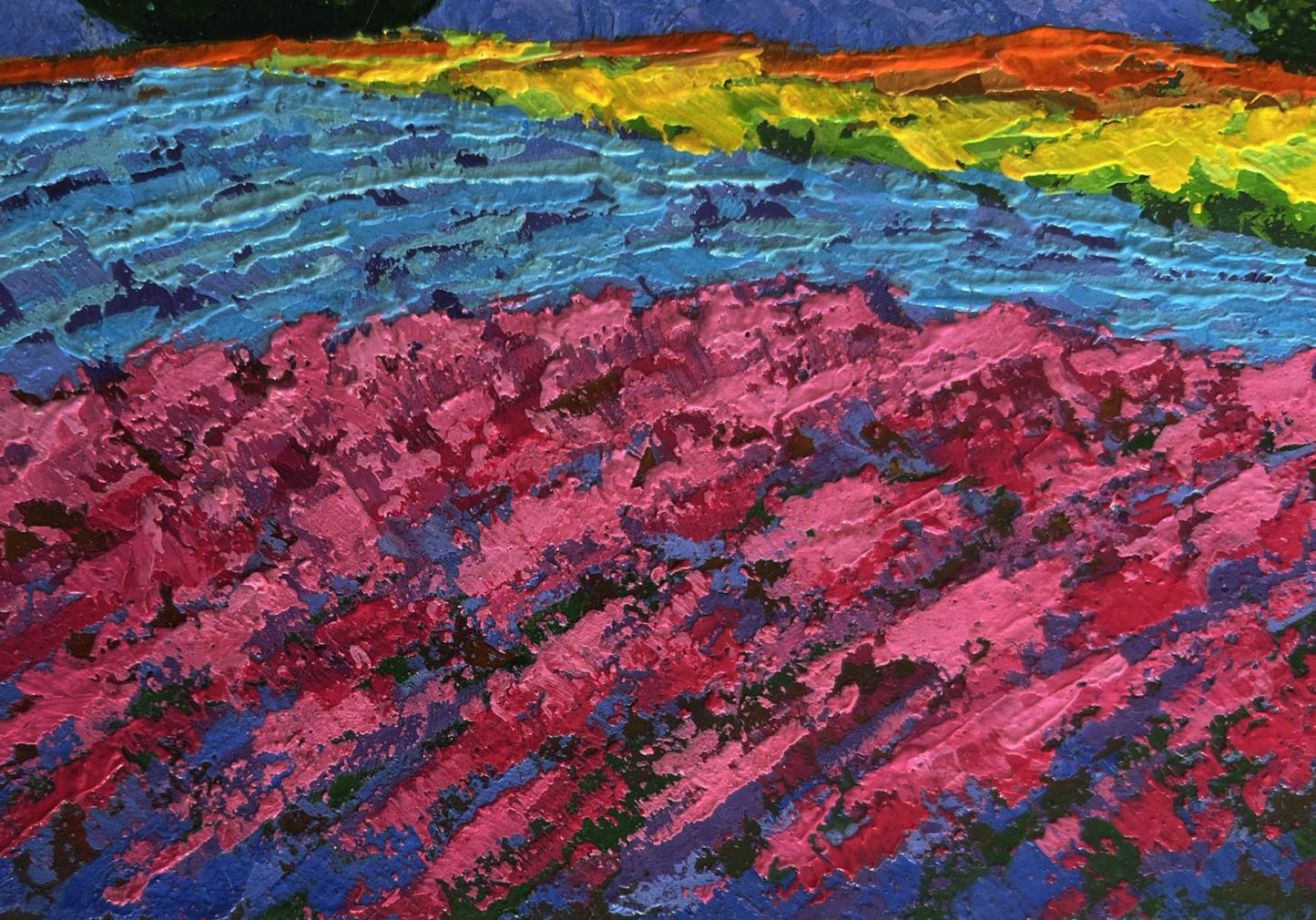 Vibrant oil painting of flower field in sunset glow by V. Zadorozhnya