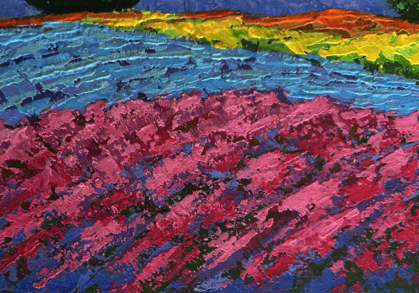 Vibrant oil painting of flower field in sunset glow by V. Zadorozhnya