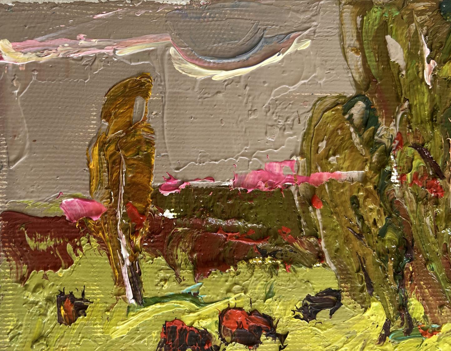 Oil painting Juicy summer meadows by Oleksiy Ivanyuk with impasto greens, browns, pinks