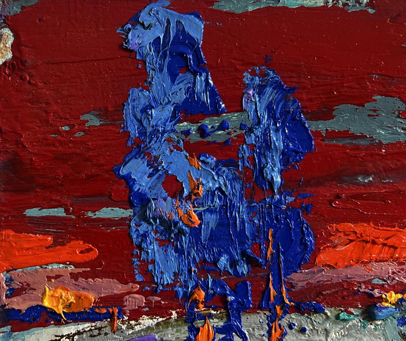 Crimson winter evening oil painting by Oleksiy Ivanyuk, bold blue-red impasto