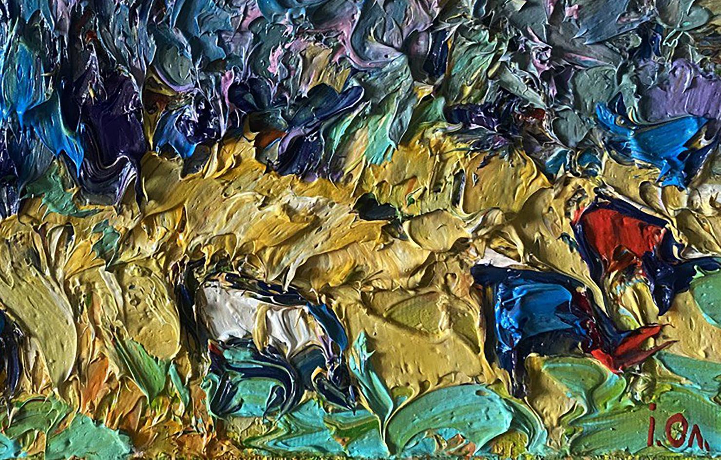 Vibrant oil painting In the autumn field by Oleksiy Ivanyuk with impasto strokes