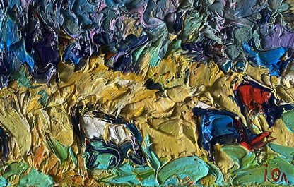 Vibrant oil painting In the autumn field by Oleksiy Ivanyuk with impasto strokes