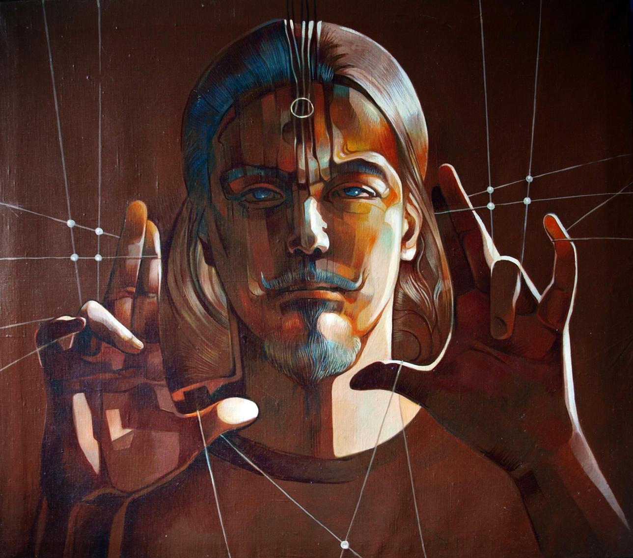 Surreal oil portrait of long-haired blue-eyed man by Konsta G. Amelinn