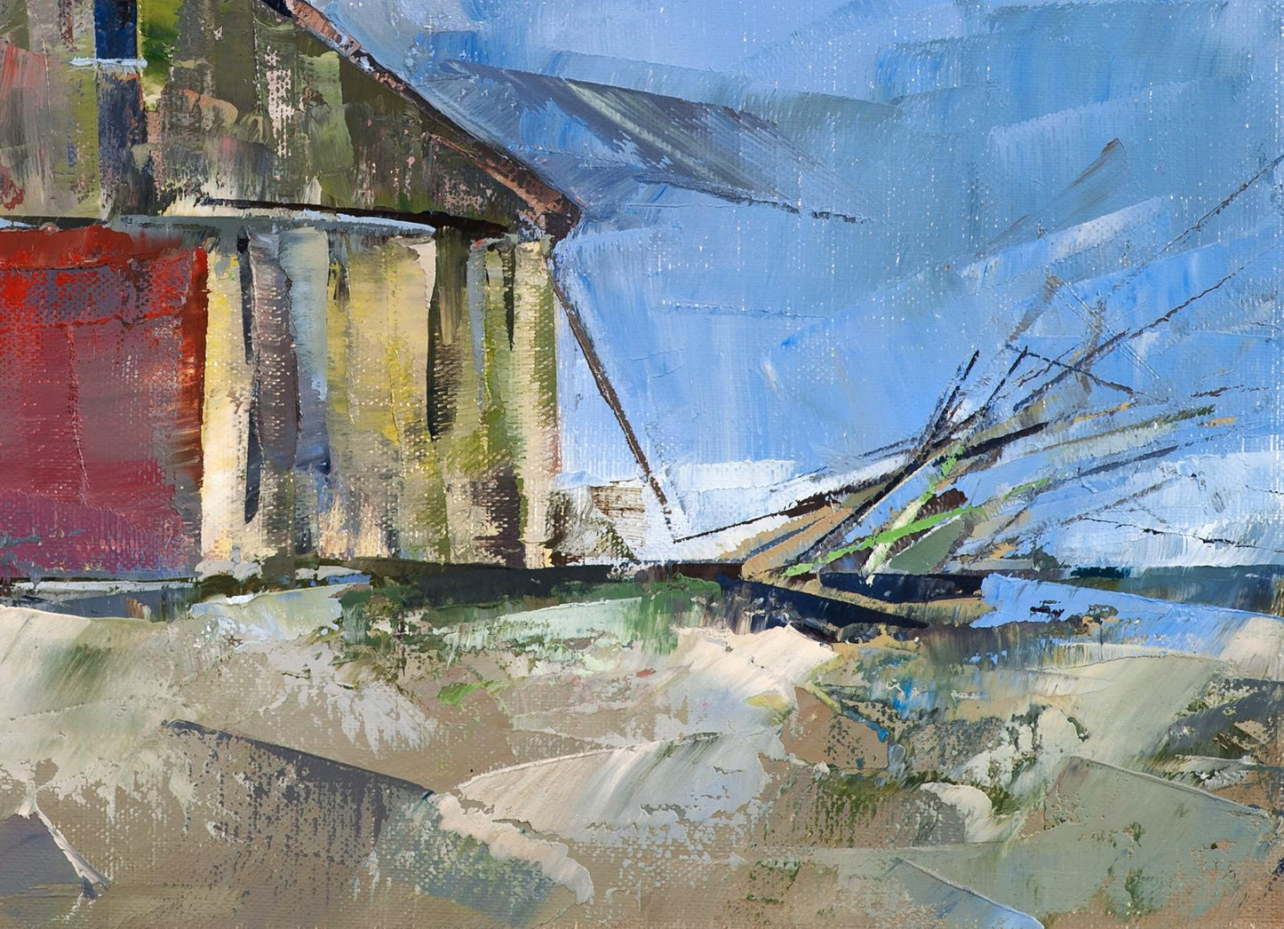 Oil painting Seasonal Wind by Volodymyr Gluhomanyuk abstract weathered building