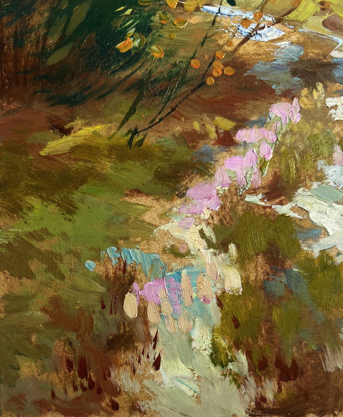 Vibrant impressionist oil painting by Yuriy Suprunchuk: quiet road through autumn foliage
