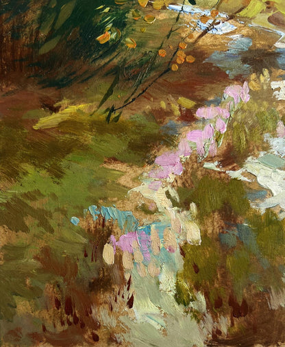 Vibrant impressionist oil painting by Yuriy Suprunchuk: quiet road through autumn foliage