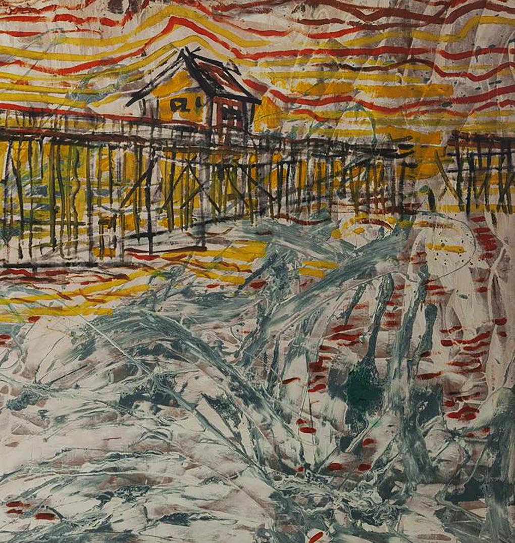 Oil painting Nascer do Sol by Serhiy Kovalev: house on stilts in vibrant sky