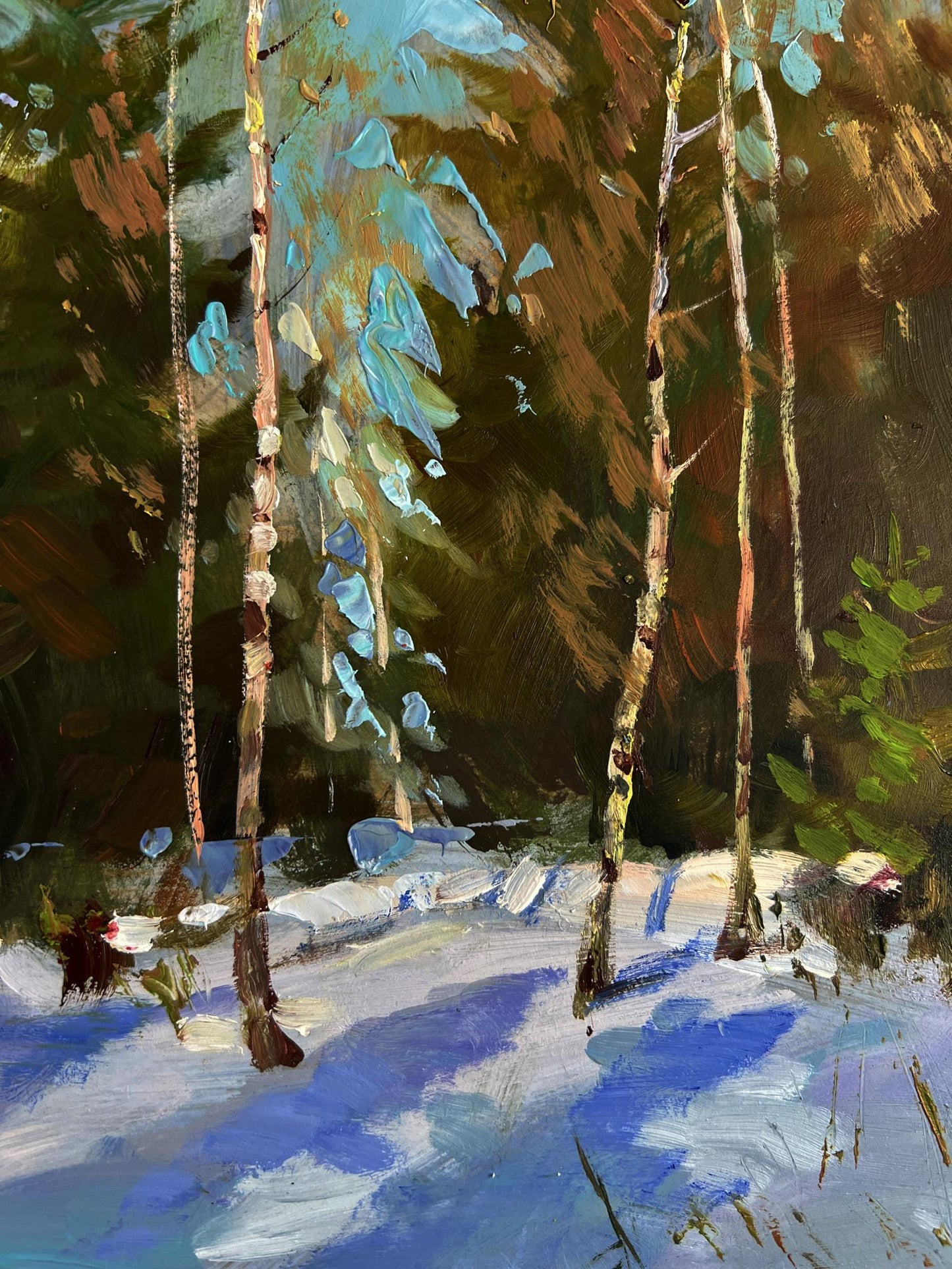 Textured oil painting of Sunny winter forest birch trees in snow by Yuriy Suprunchuk